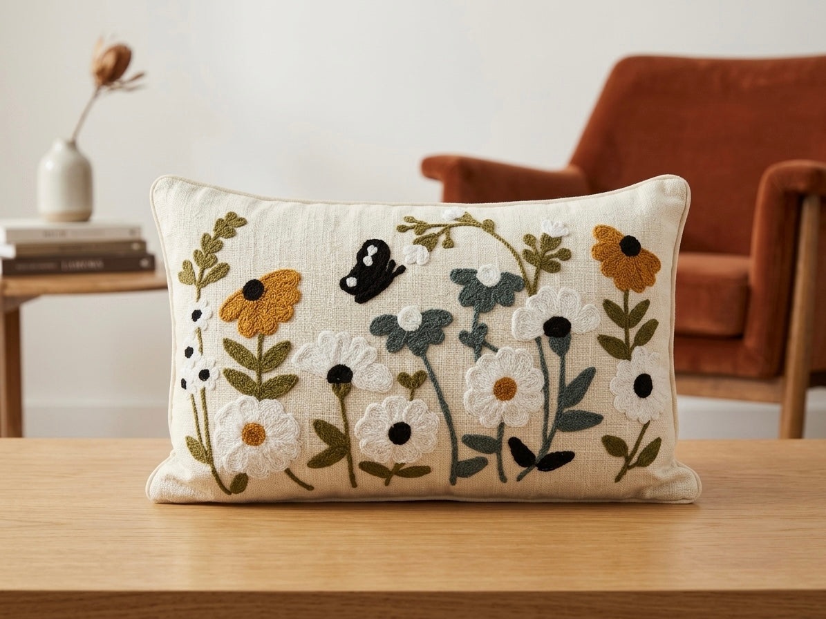 Buttercup Bloom Embroidered Cushion Cover (12 x 20 Inches)