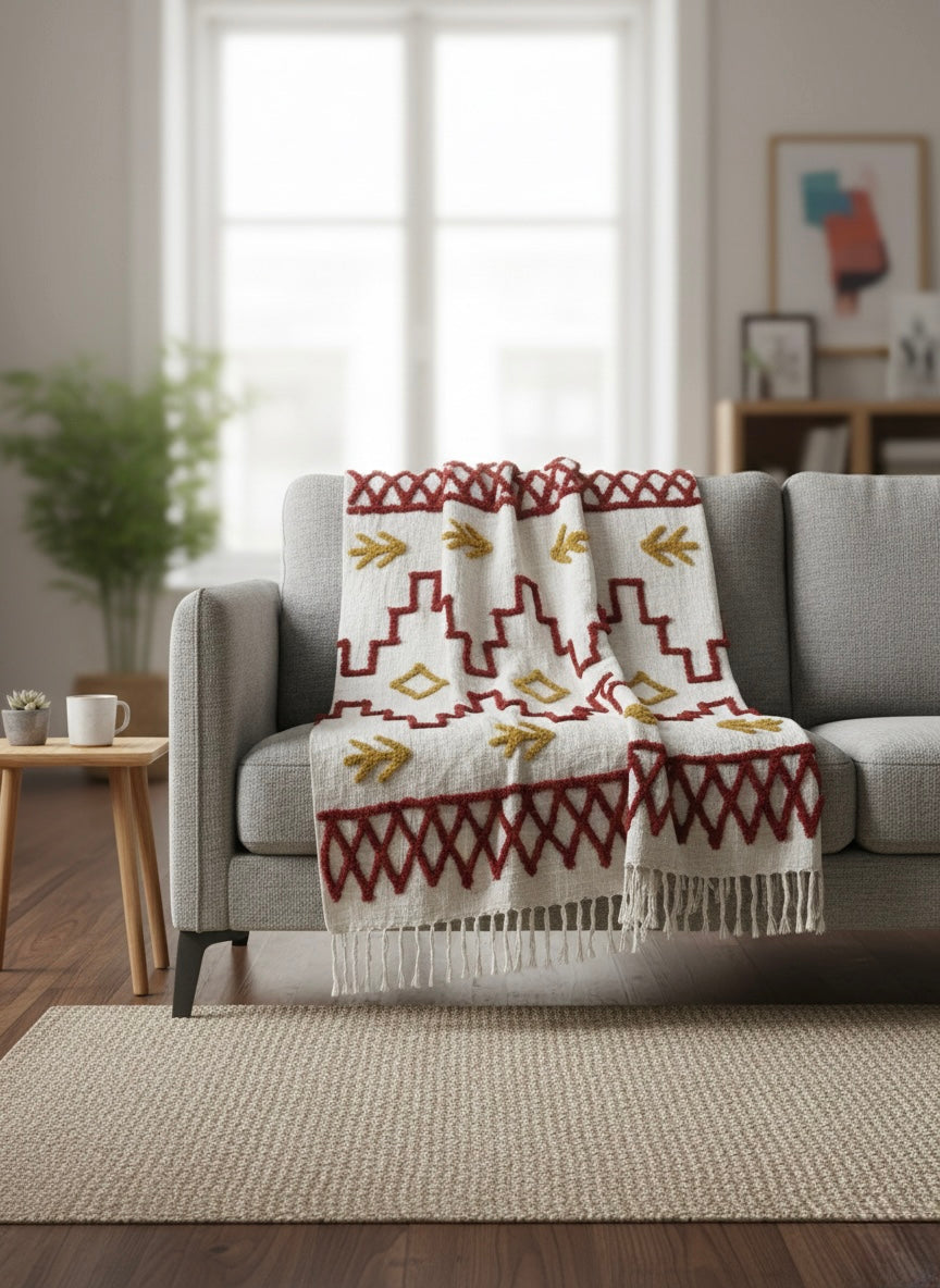 Mustard Maroon Abstract Tufted Sofa Throw