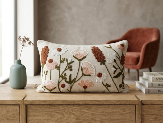 Fern & Flora Embroidered Cushion Cover (12 x 20 Inches)
