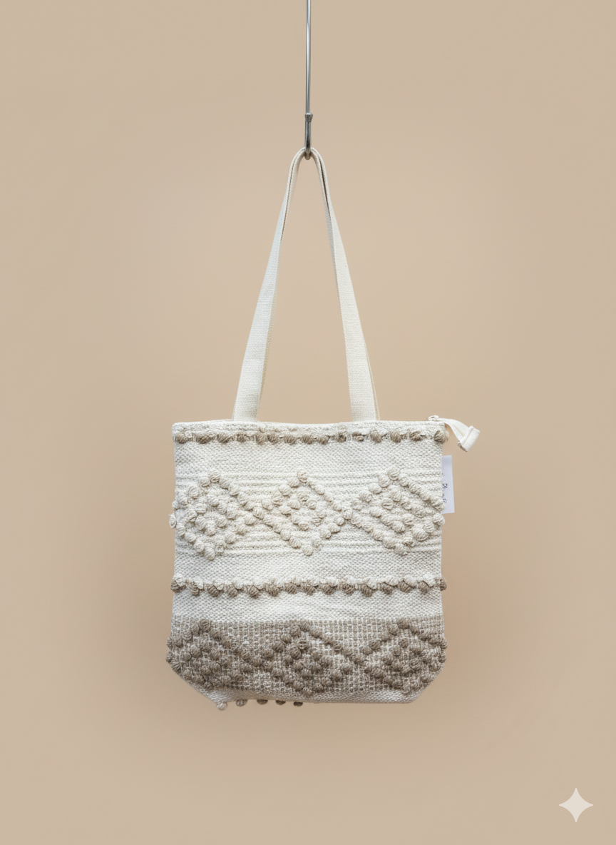 Beige Diamond Boho Tote Bag