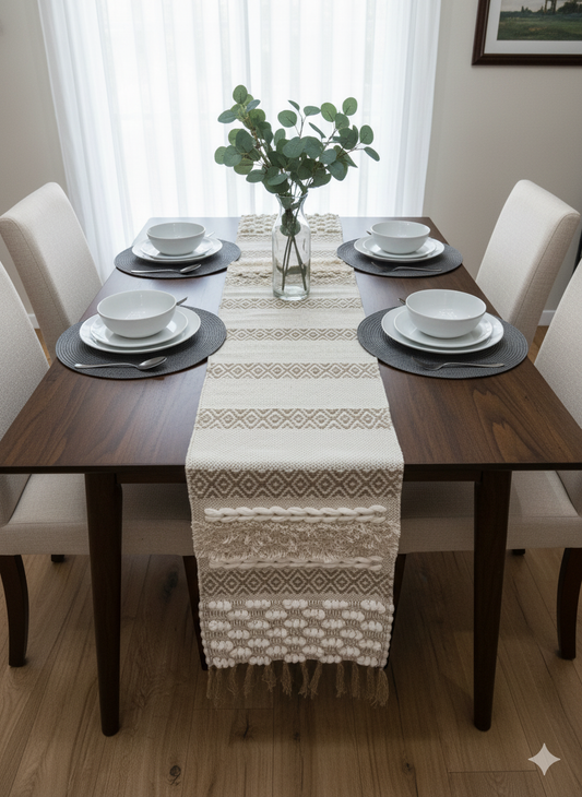 Beige Cross Zigzag Boho Table Runner