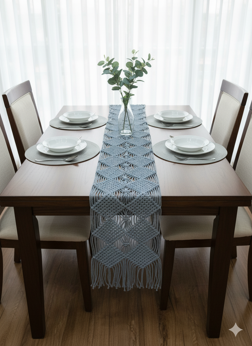 Grey Macrame Table Runner