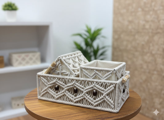 White Macrame Baskets  Set of 3