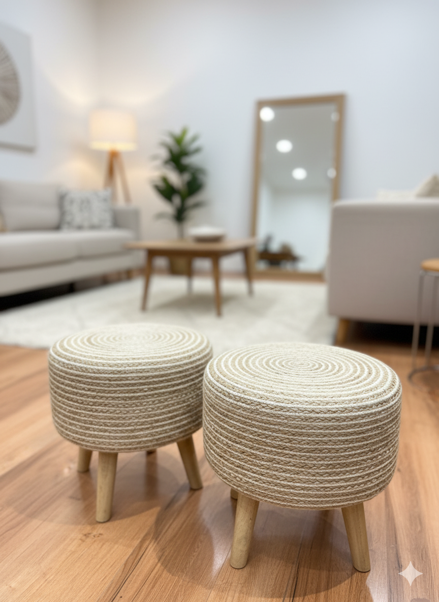 Jute Beige Ottomans Pair