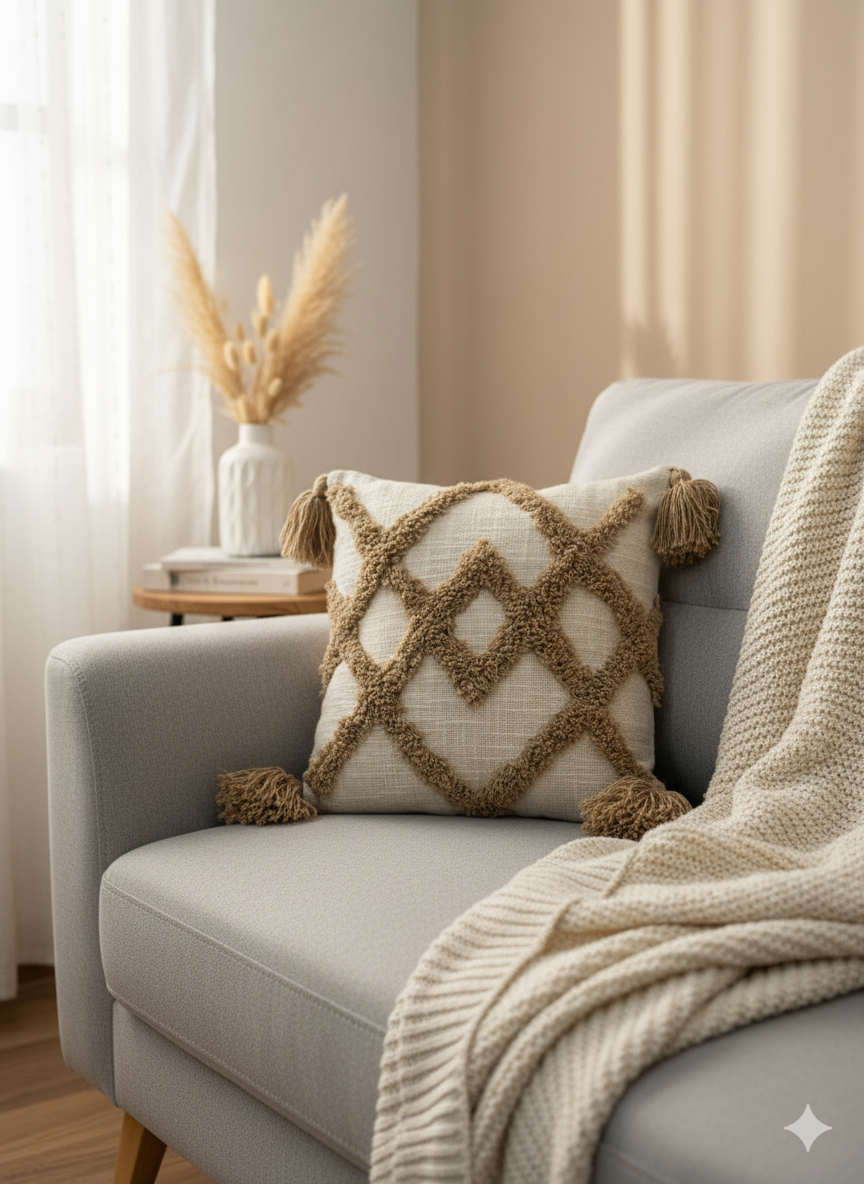 Beige Cross Tufted Cushion Cover 12*12