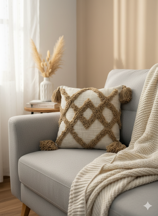 Beige Cross Tufted Cushion Cover 12*12