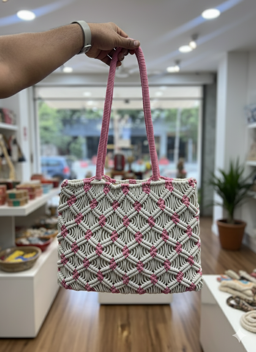 Pink Macrame Tote Bag
