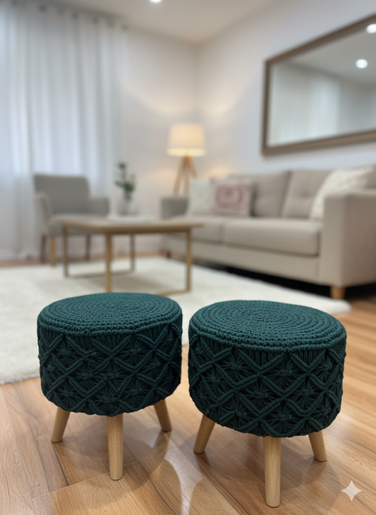 Macrame Green Ottoman Pair