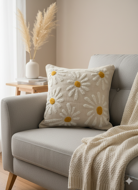 White Flower Embroidered Cushion Cover