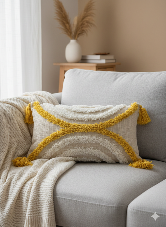 Mustard &amp; White Vertical Tufted Cushion Cover  12"x20"