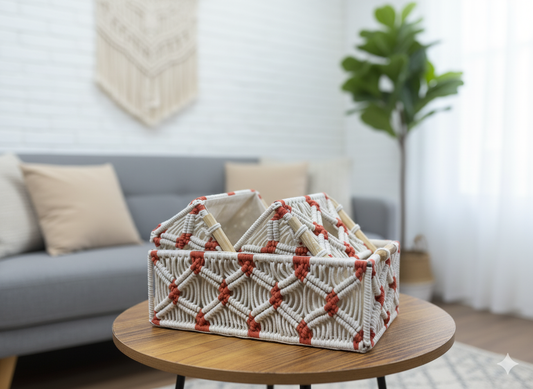 Red & White Macrame Baskets Set of 3