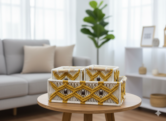 Mustard  Macrame Baskets Set of 3