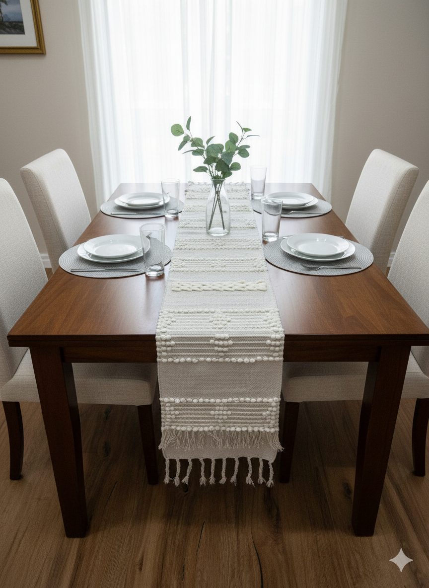 White Dot Boho Table Runner.