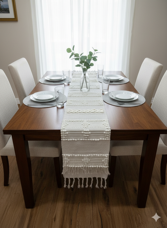 White Dot Boho Table Runner.