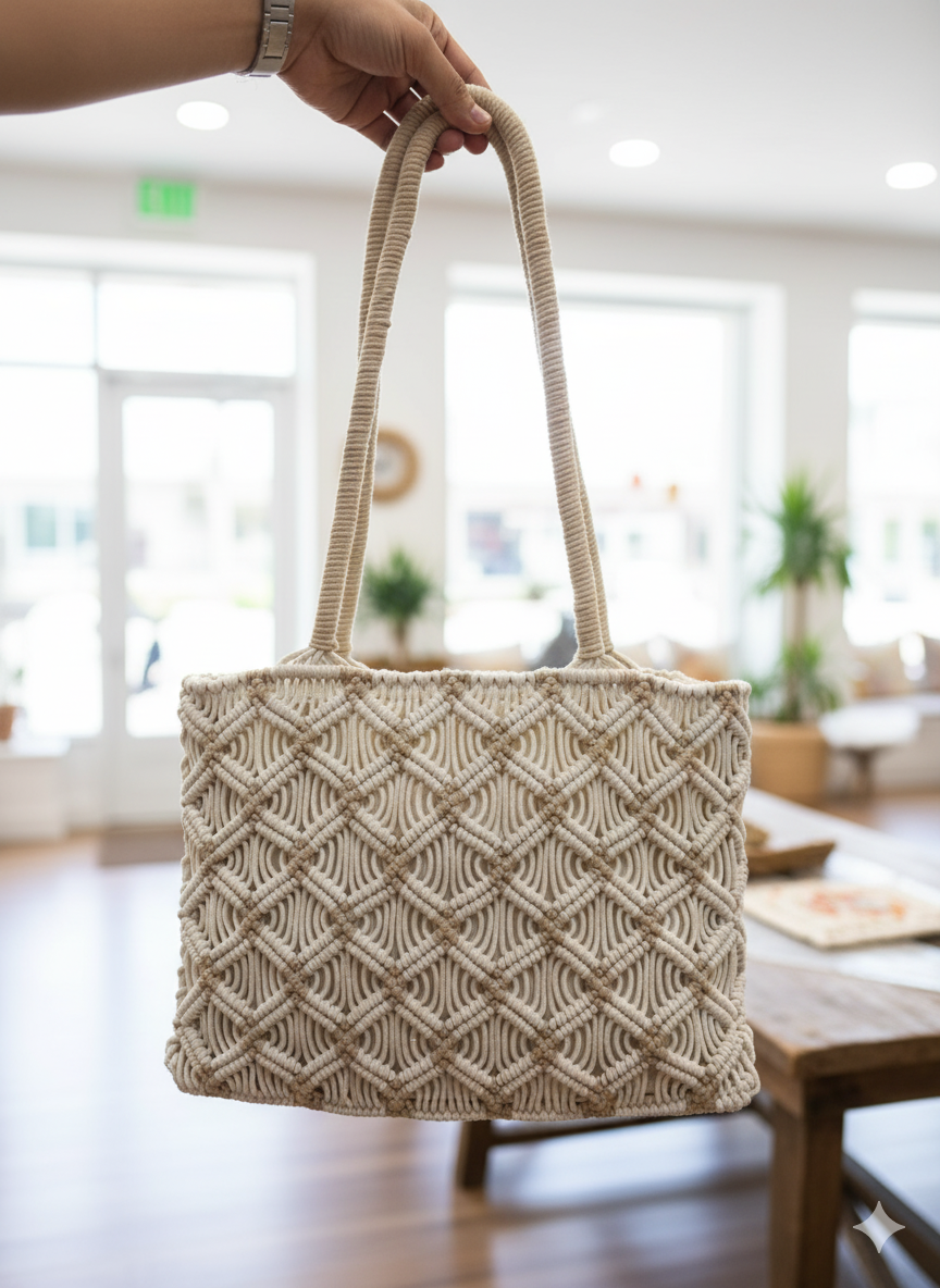 Beige Macrame Tote Bag