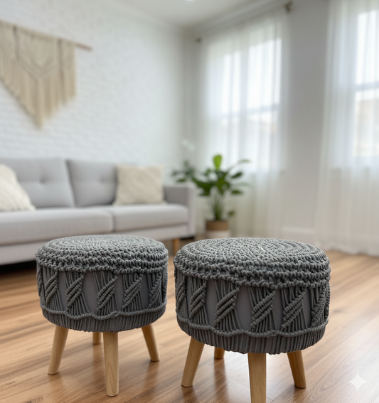 Grey Macrame Ottomans (Pair)  16 inches Height