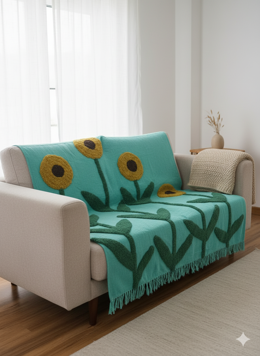 Teal Green Sunflower Tufted Sofa Throw