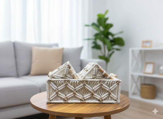 Beige & White Macrame Baskets Set of 3