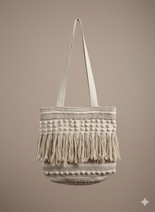 Beige Frill Boho Tote Bag