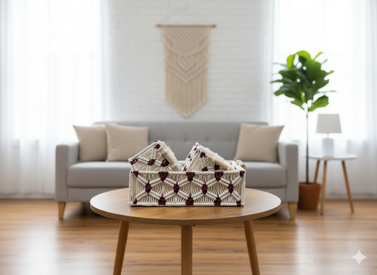 Maroon & White Macrame Baskets – Set of 3