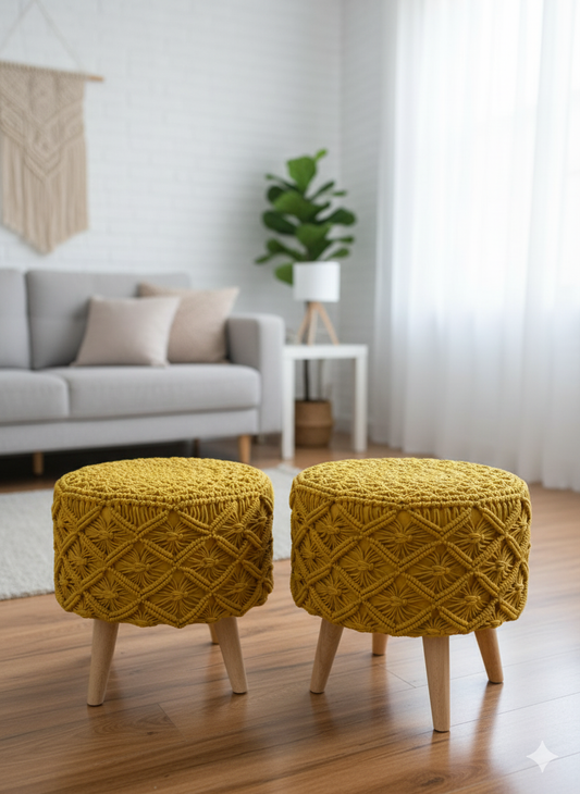 Mustard Macrame Ottomans Pair 16 Inches Height