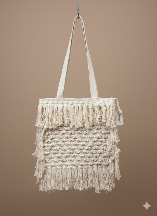 Beige & White Frill Boho Tote Bag