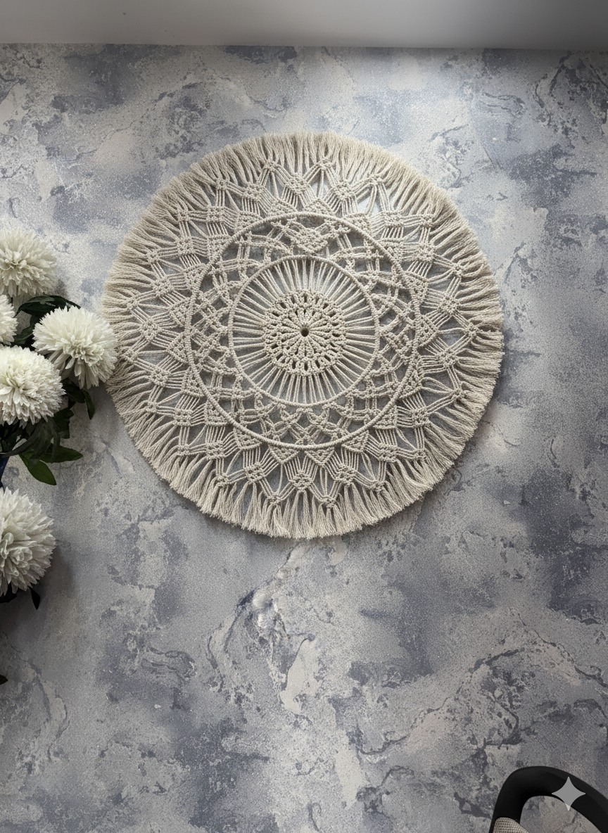 White Macrame Round Wall Hanging – 3 Feet Wide