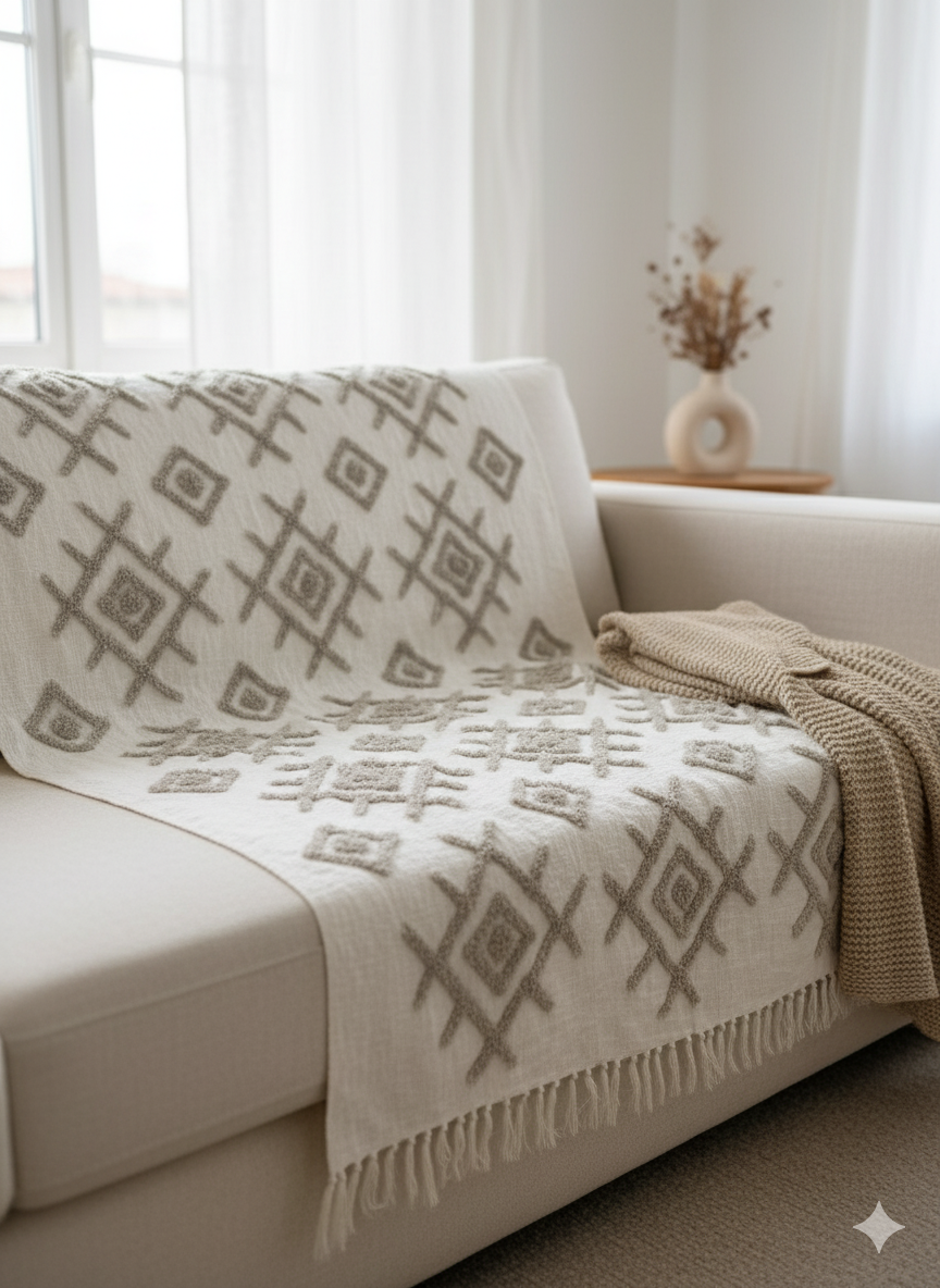 Beige Tufted Sofa Throw