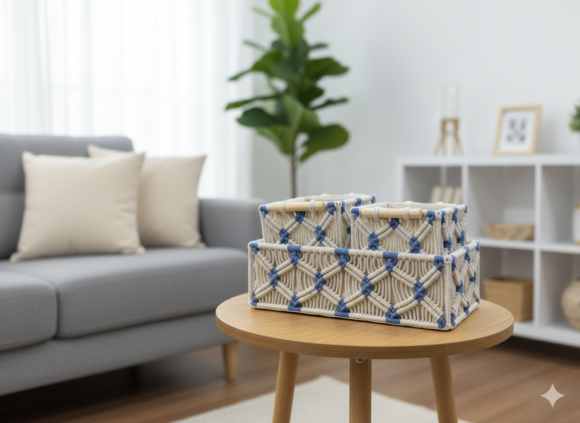 Sky Blue Macrame Baskets Set of 3