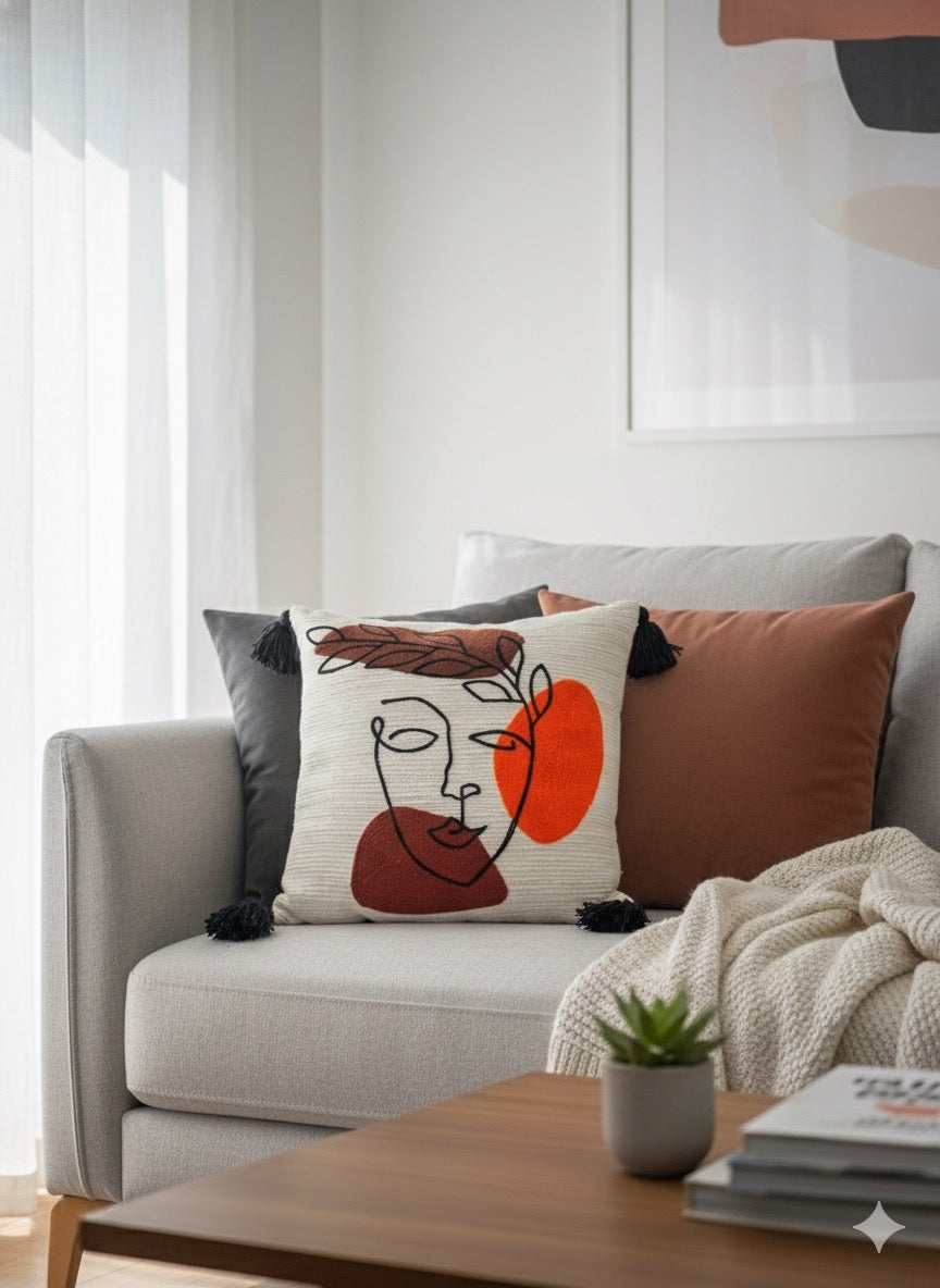 Face Embroidered Cushion Cover