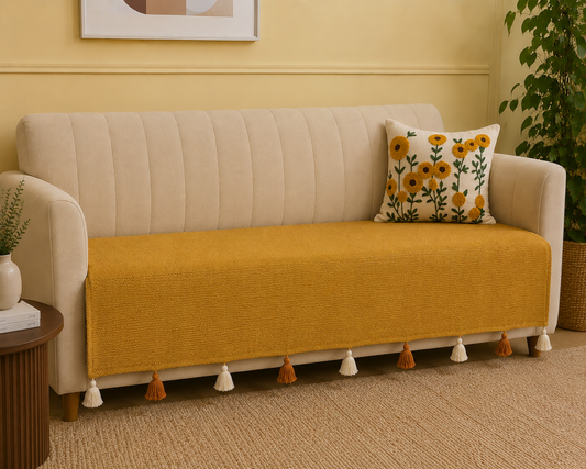 Mustard Weave Sofa Cover With Tassels