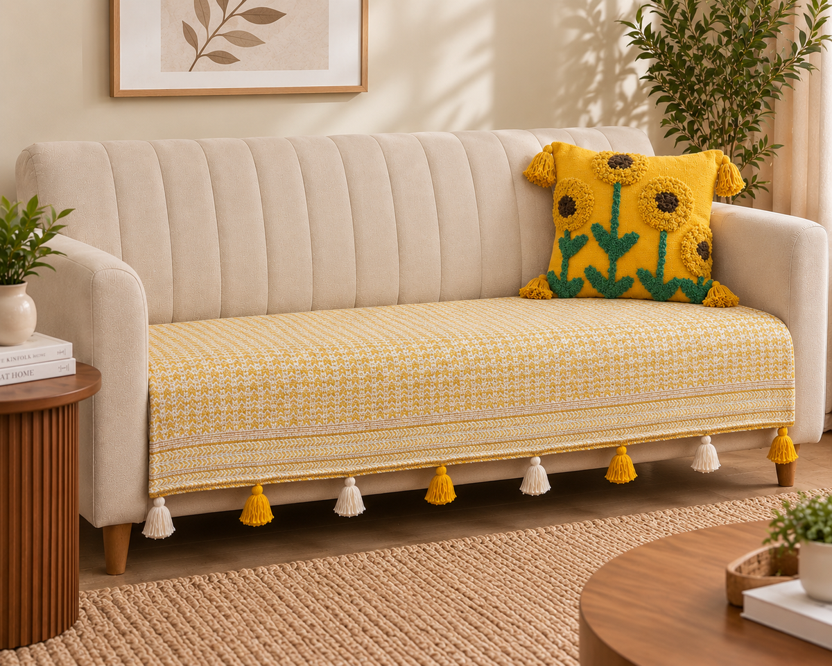 Mustard Bloom Wooven Sofa Cover
