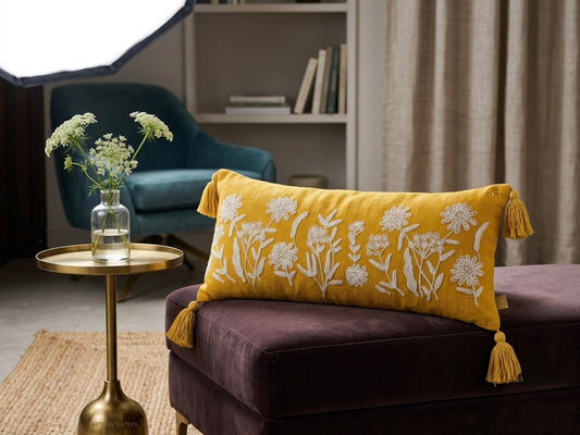 Mustard Divine Embroidered Lumbar Cushion - 14*36
