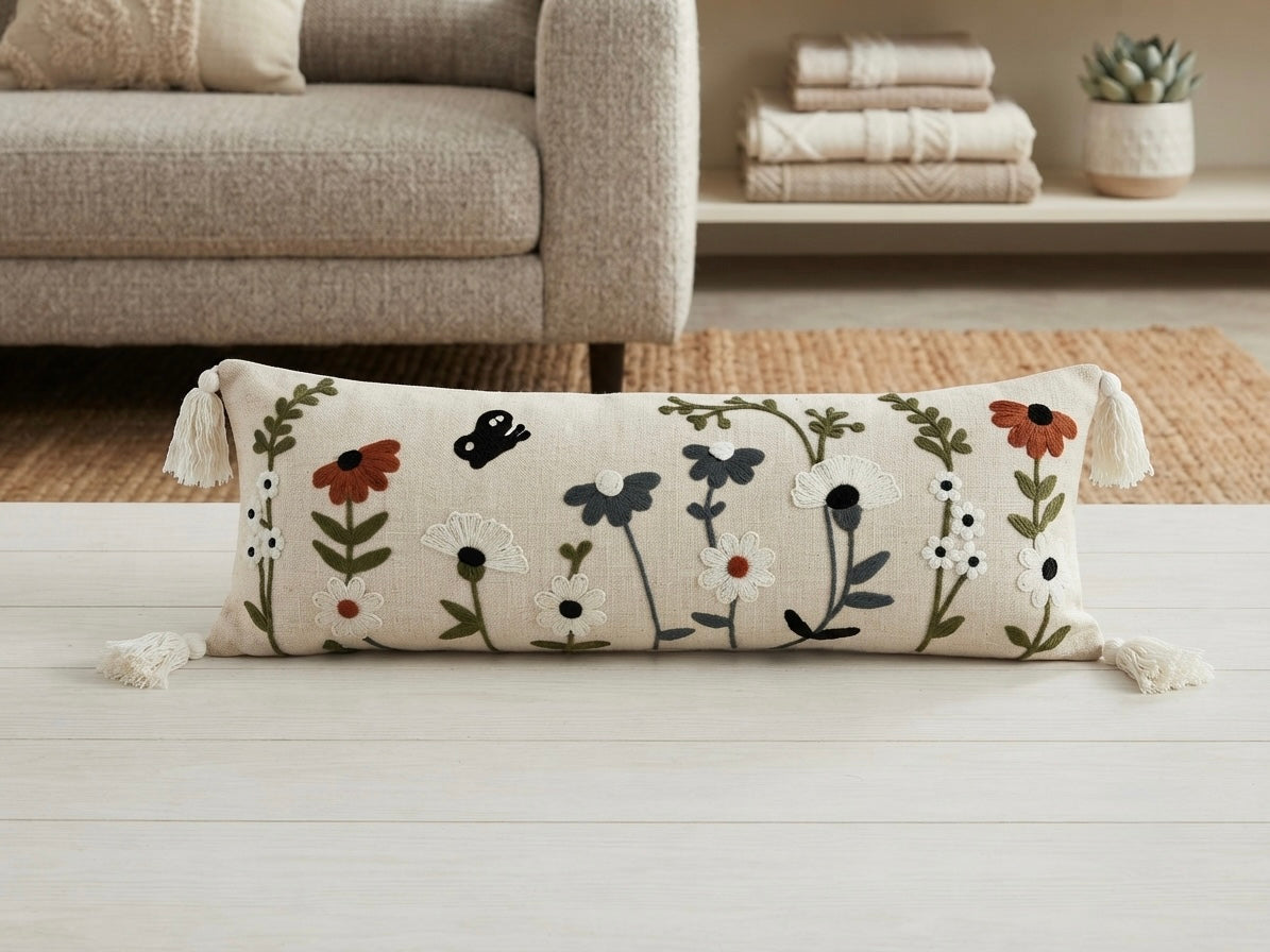 Buttercup Bloom Embroidered Lumbar Cushion - 14*36