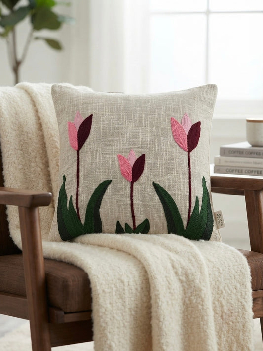 Tulip Embroidered Cushion Cover 16*16