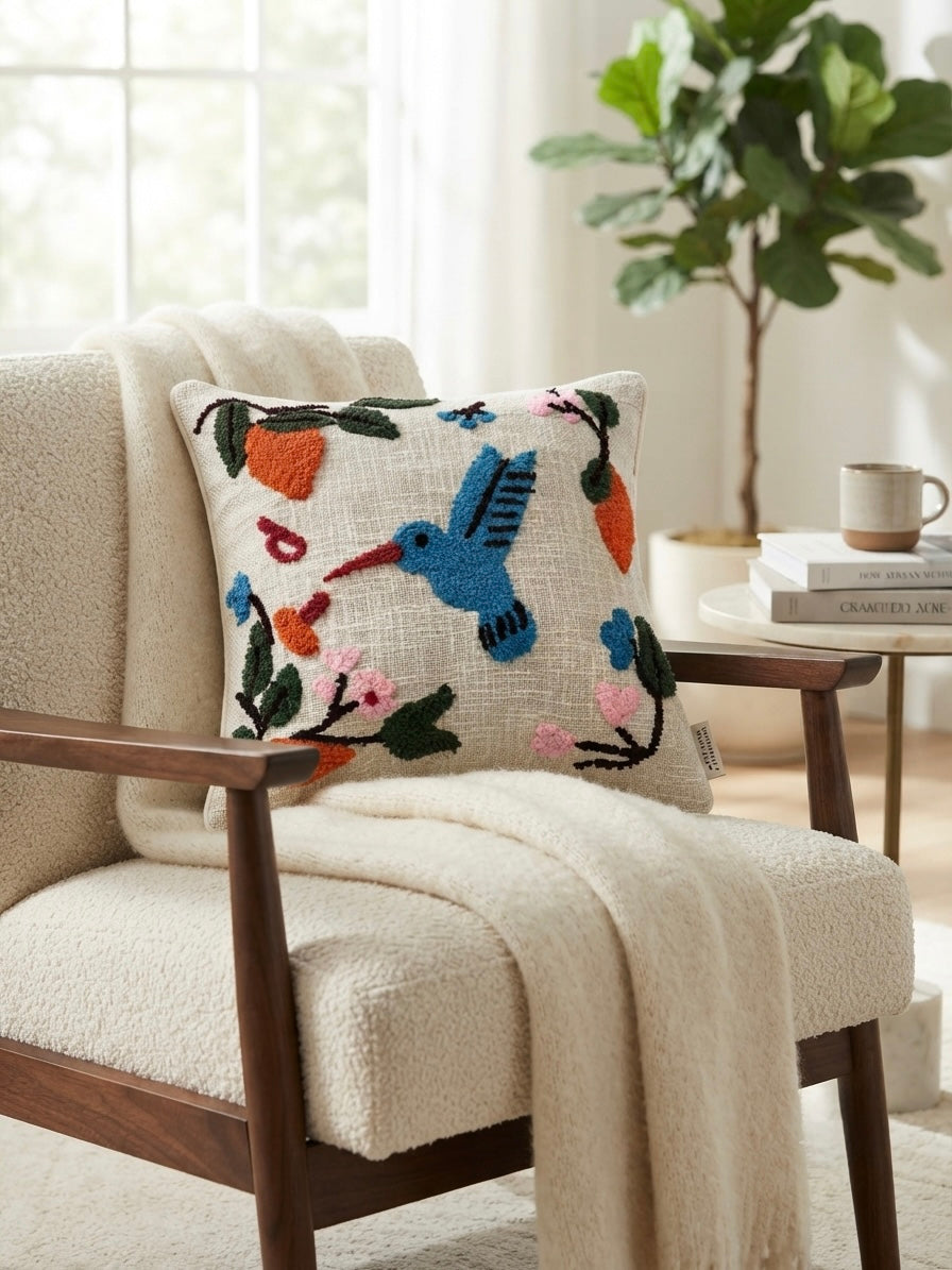 Hummingbird Garden Embroidered Cushion Cover 16*16