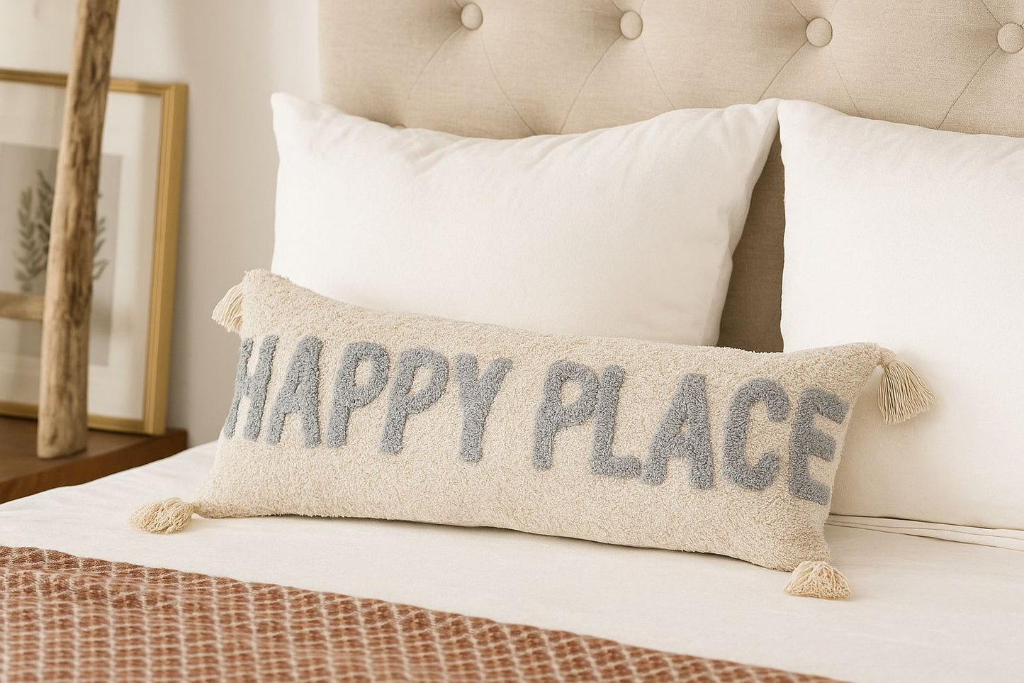 Fully Tufted “Happy Place” Grey Lumbar Cushion