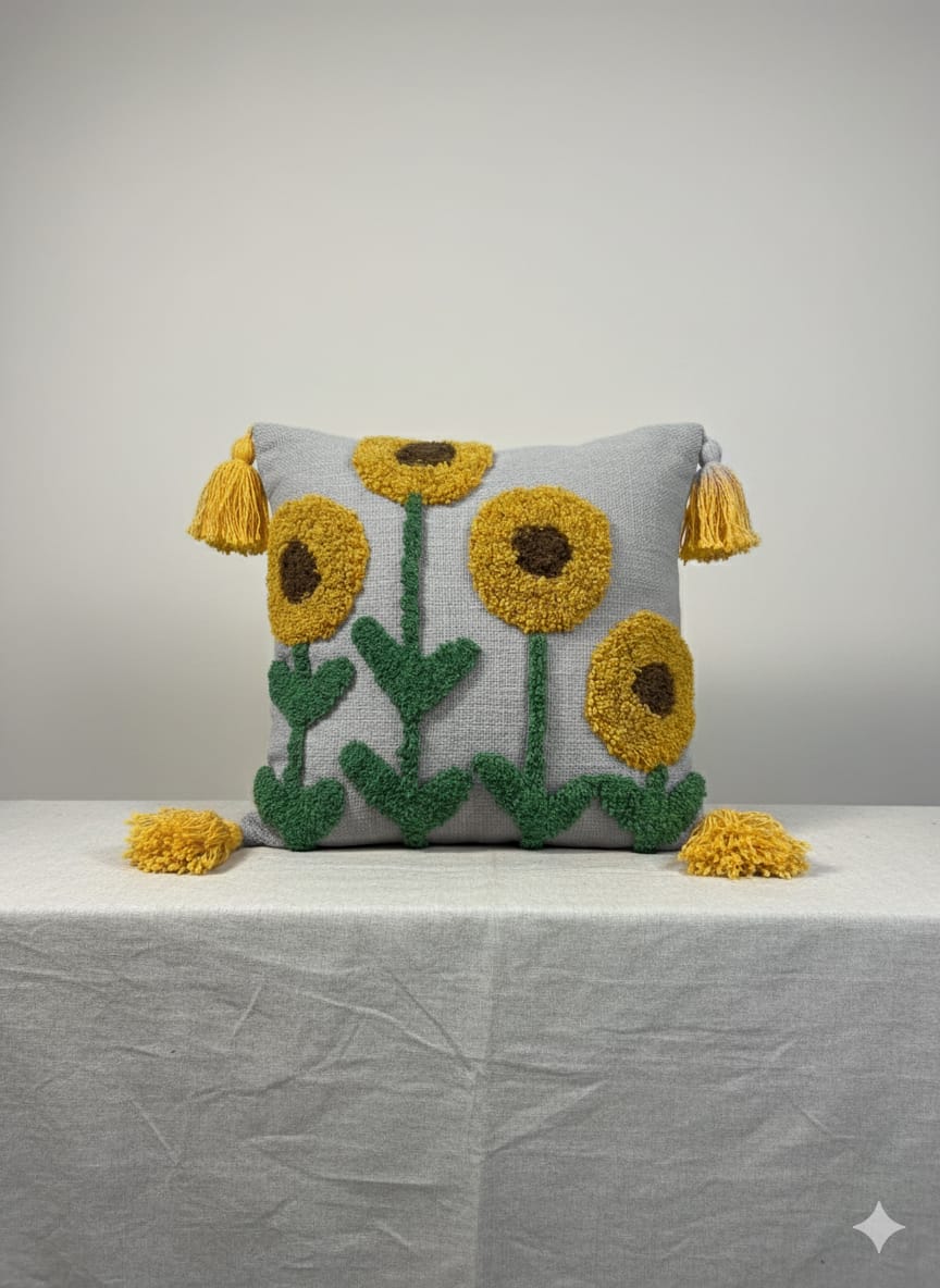 Grey Sunflower Tufted Cushion Cover
