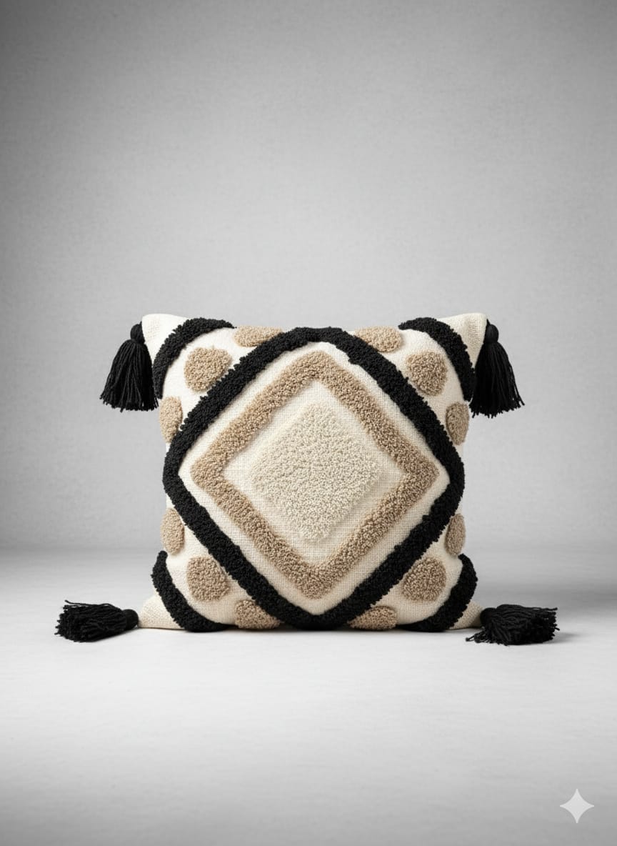 Beige Black Tufted Cushion Cover
