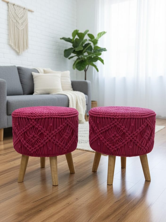 Pink Macrame Ottomans Pair 16 Inches Height
