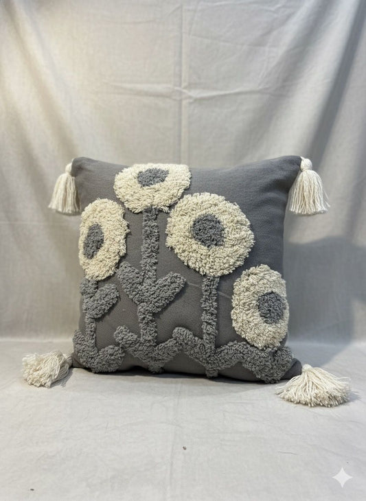 Grey White Sunflower Tufted Cushion Cover – 16x16 Inches